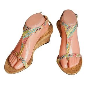 Van Eli Boho T Strap Sandals Multicolored Wedge Size 8.5 M High Heels Bohemian